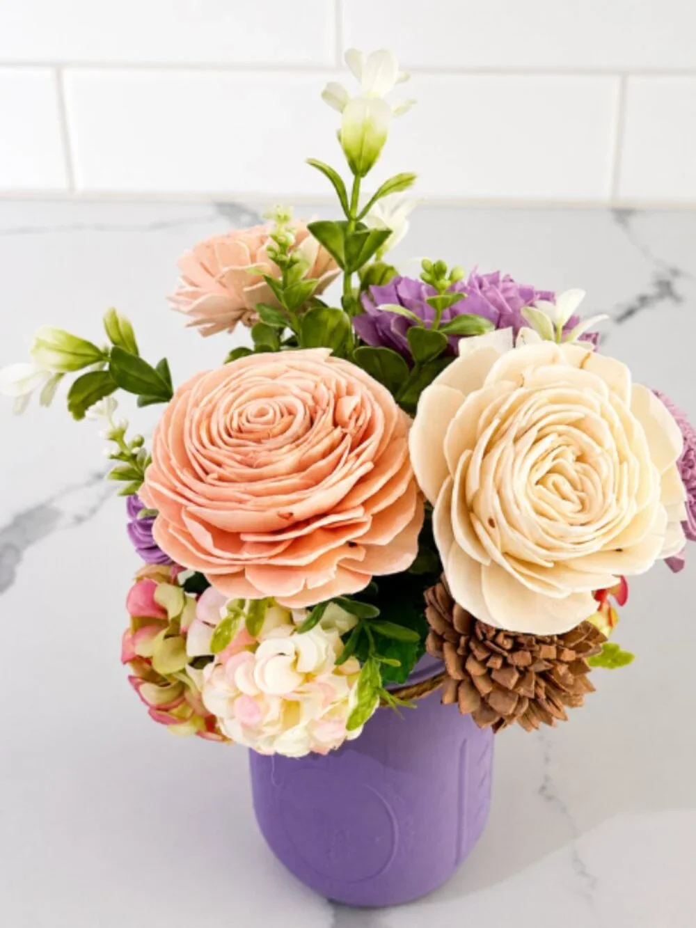 Purple Sola Wood Floral Arrangement in Mason Jar Home Decor Graduation Gift